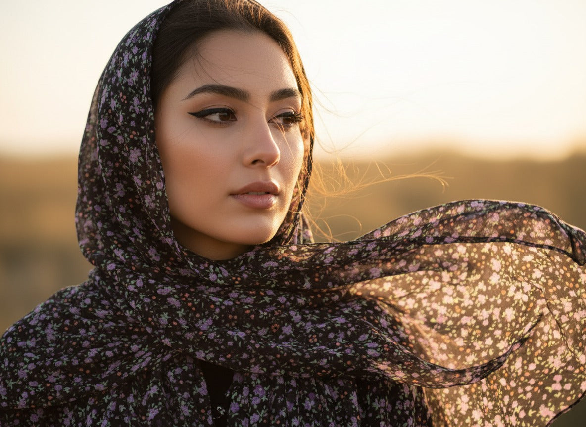 Midnight Blossom Chiffon Hijab – Elegant Floral Print | Lightweight & Breathable Scarf
